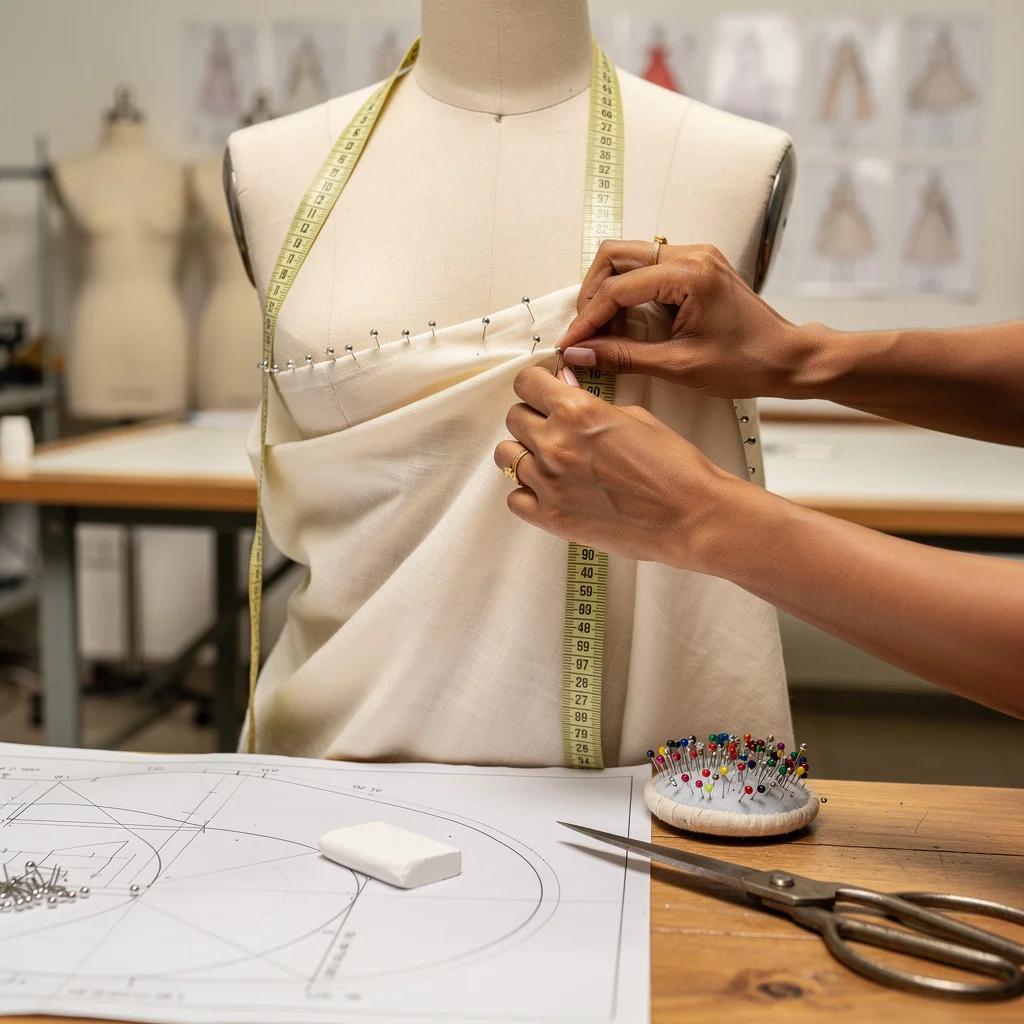 Pattern Making & Draping — Muslin toile development on dress form at Varsha Sharma's Jaipur atelier
