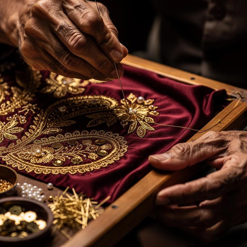 Embroidery & Embellishment — Zardozi gold thread embroidery by master karigars for Varsha Sharma couture