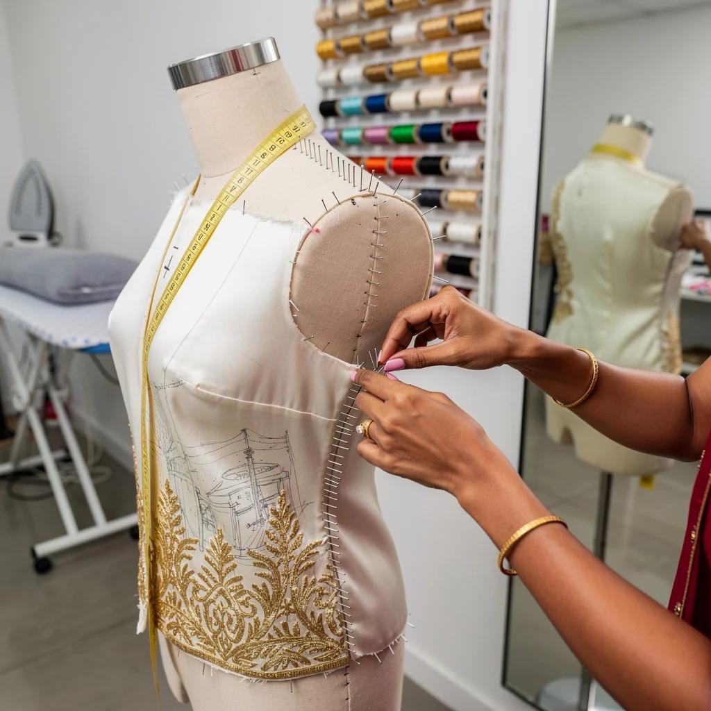 Fitting & Construction — Couture garment fitting and tailoring at Varsha Sharma's atelier
