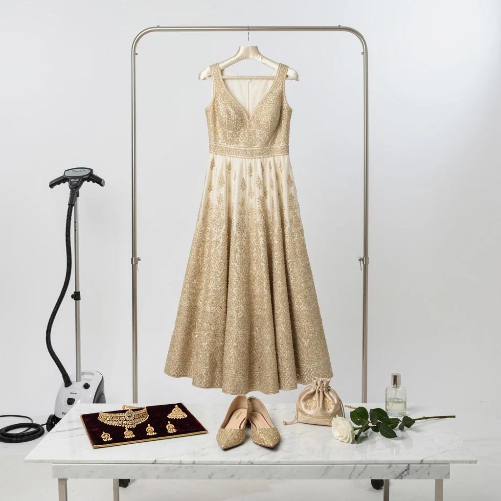 Final Finishing & Styling — Completed couture garment with styling accessories at Varsha Sharma's studio