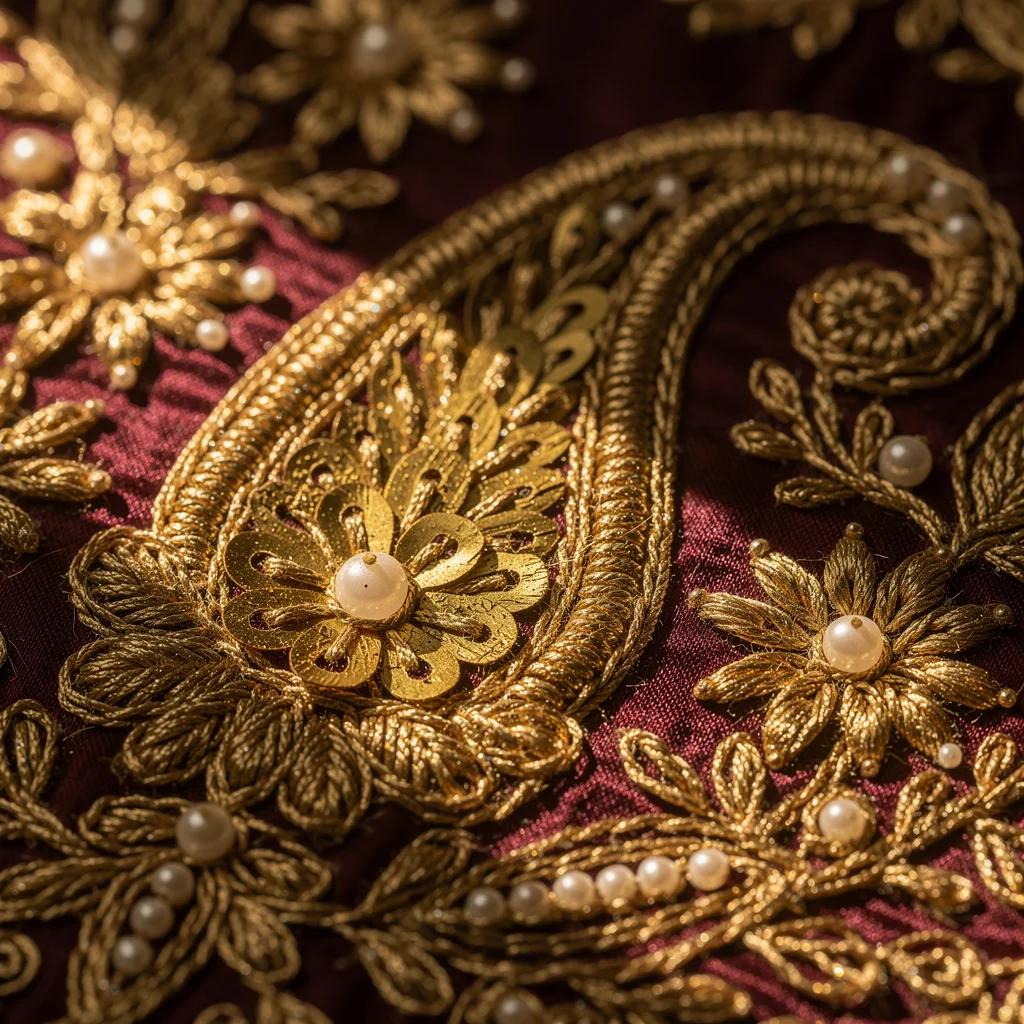 Zardozi Embroidery — Gold bullion thread and pearl hand embroidery, Mughal court craft | Varsha Sharma atelier