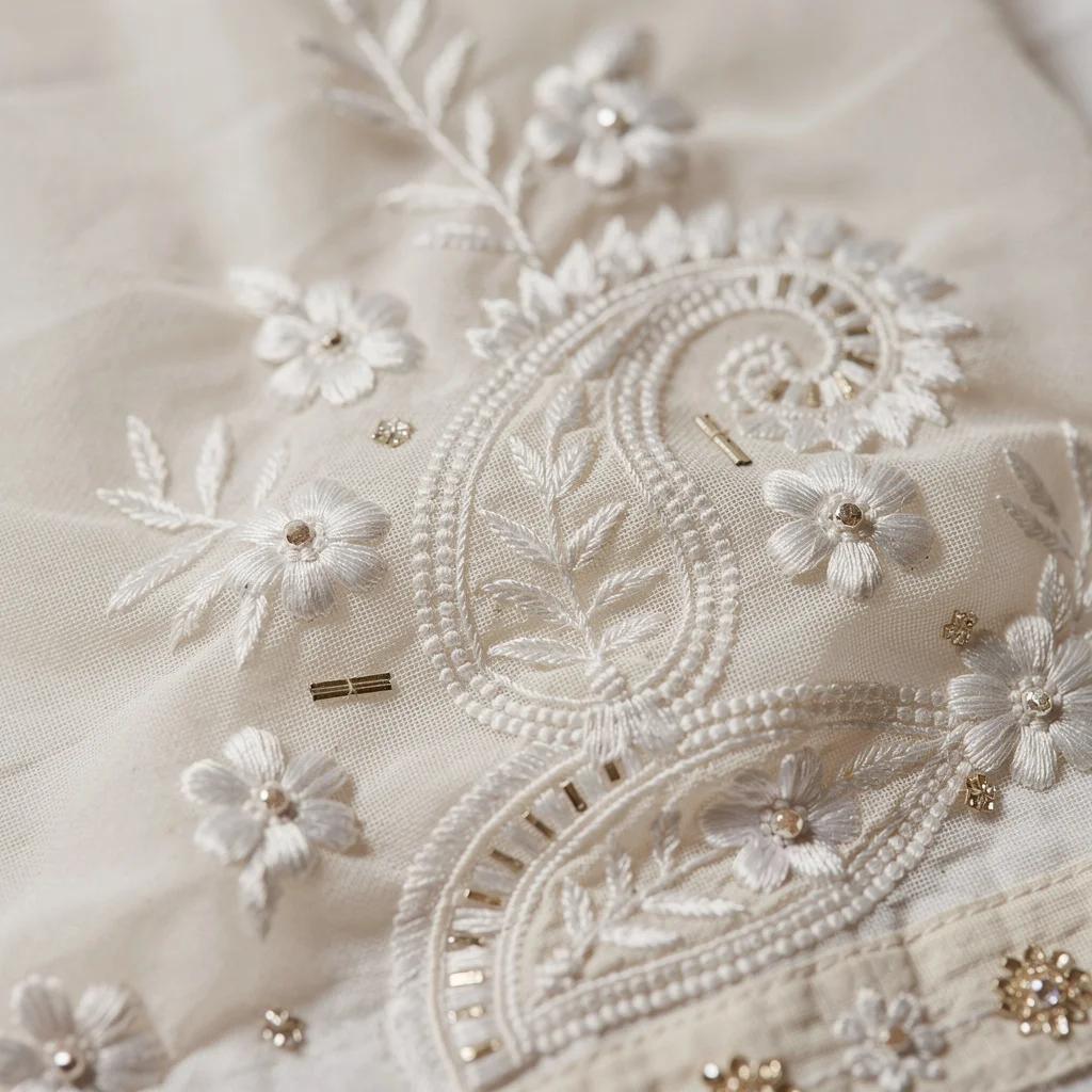 Chikankari — Delicate white-on-white Lucknowi hand embroidery with mukaish accents | Varsha Sharma atelier