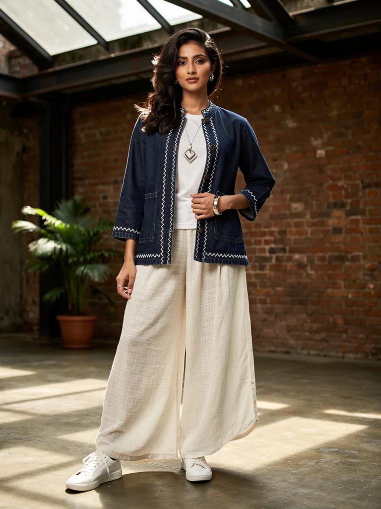 Neelam — Indigo Denim Jacket and Khadi Palazzo Set | Dharaa Collection by Varsha Sharma