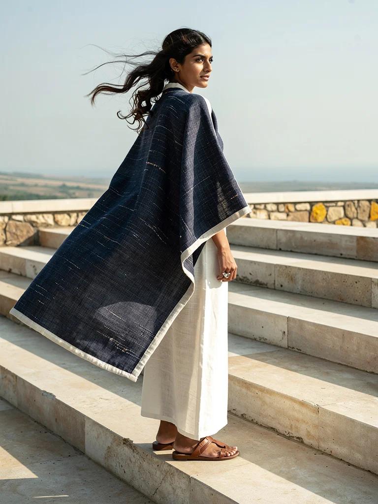Sagar — Handwoven Khadi Cape Ensemble in Indigo and Off-White | Dharaa Collection by Varsha Sharma