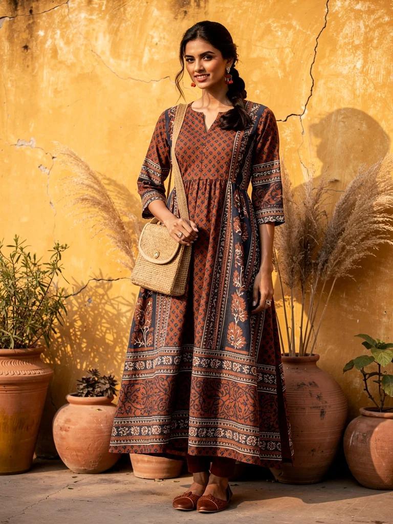 Mitti — Ajrakh Block-Printed Cotton Maxi Dress in Terracotta | Dharaa Collection by Varsha Sharma
