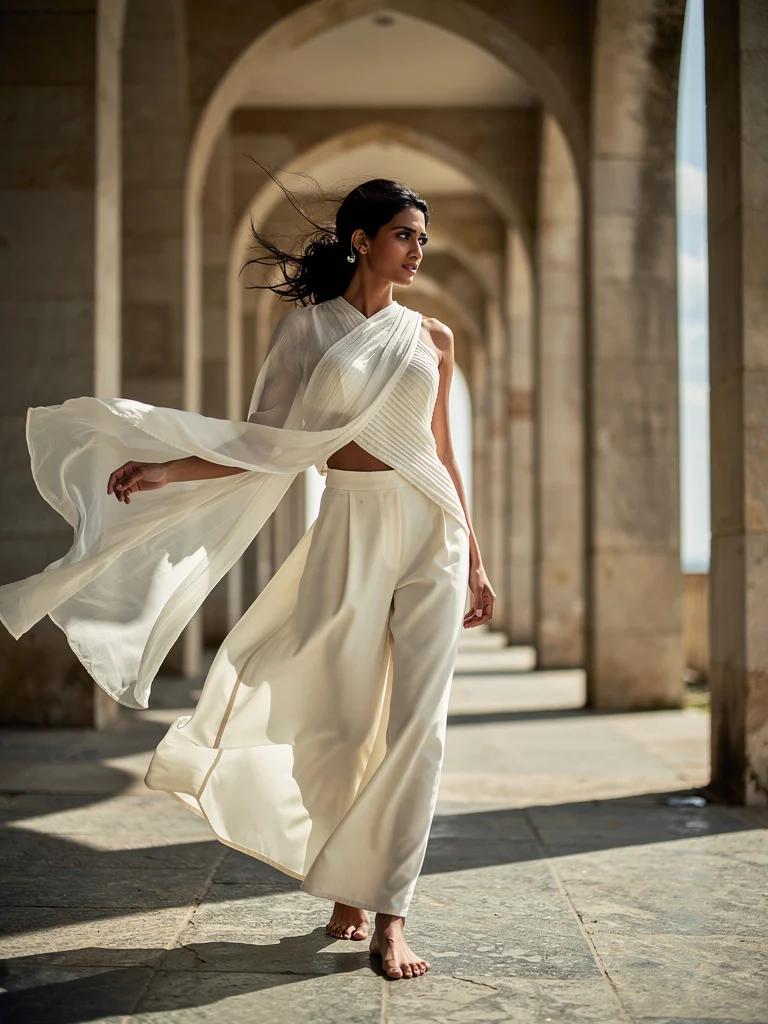 Hawa — Draped Chiffon Top and Wide-Leg Pants in Off-White | Dharaa Collection by Varsha Sharma