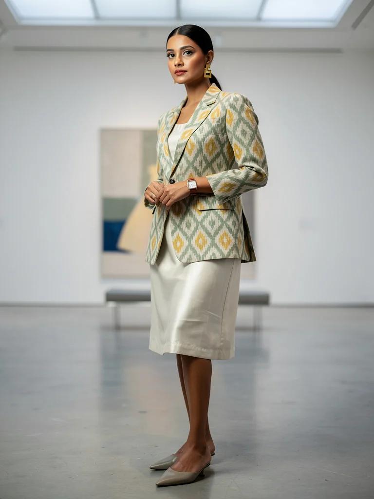 Kinara — Ikat Linen Jacket Ensemble in Sage and Mustard | Dharaa Collection by Varsha Sharma