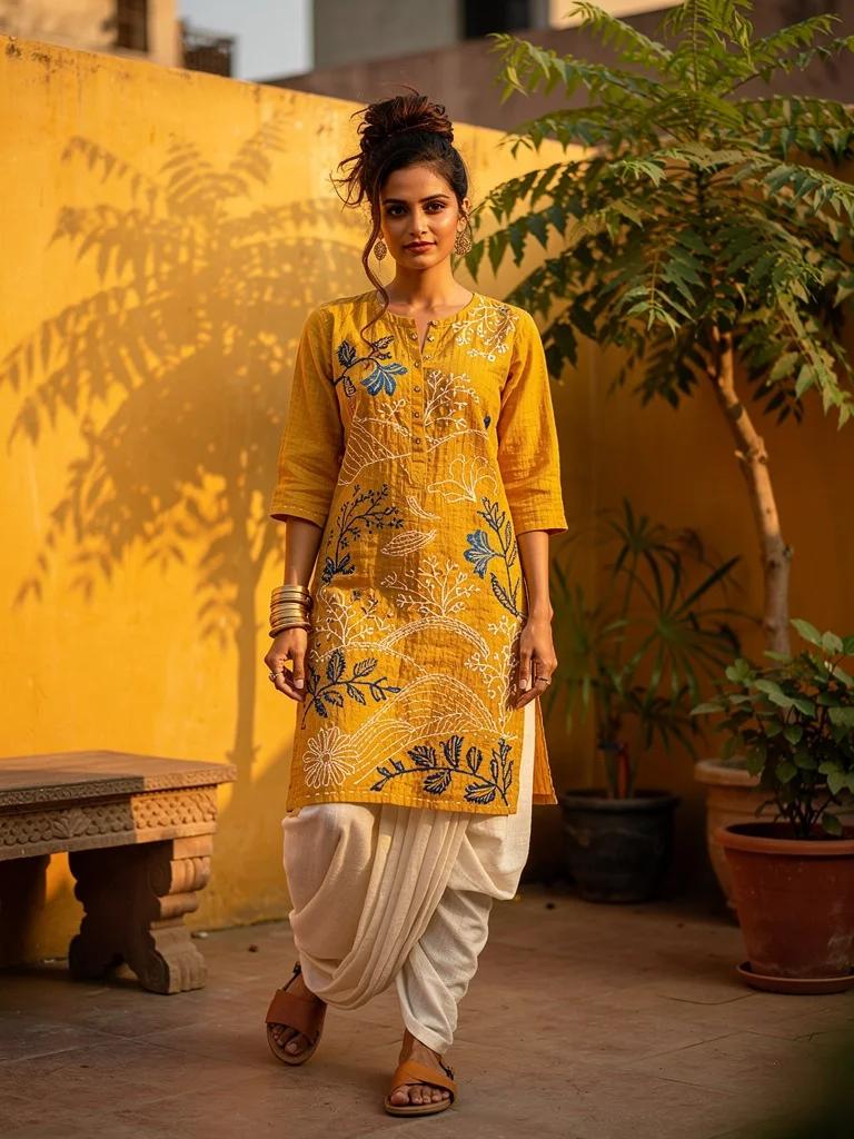 Kesar — Kantha Embroidered Cotton Kurta with Dhoti Pants in Mustard | Dharaa Collection by Varsha Sharma