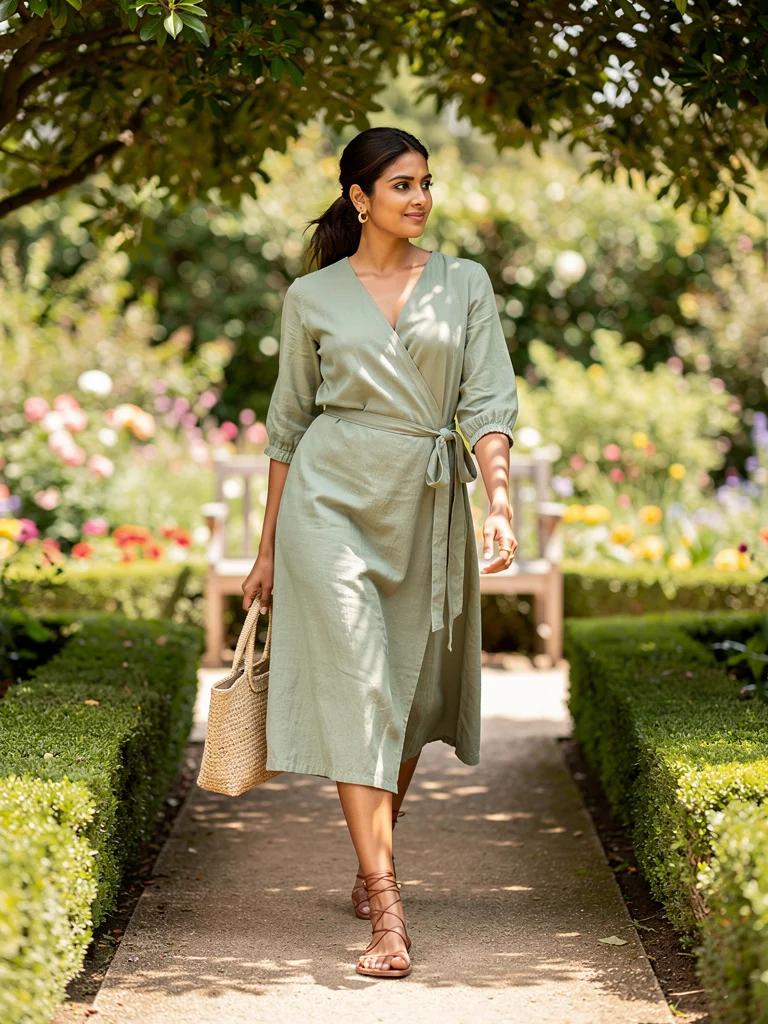 Ghazal — Garment-Dyed Cotton Wrap Dress in Sage Green | Kavya Collection by Varsha Sharma