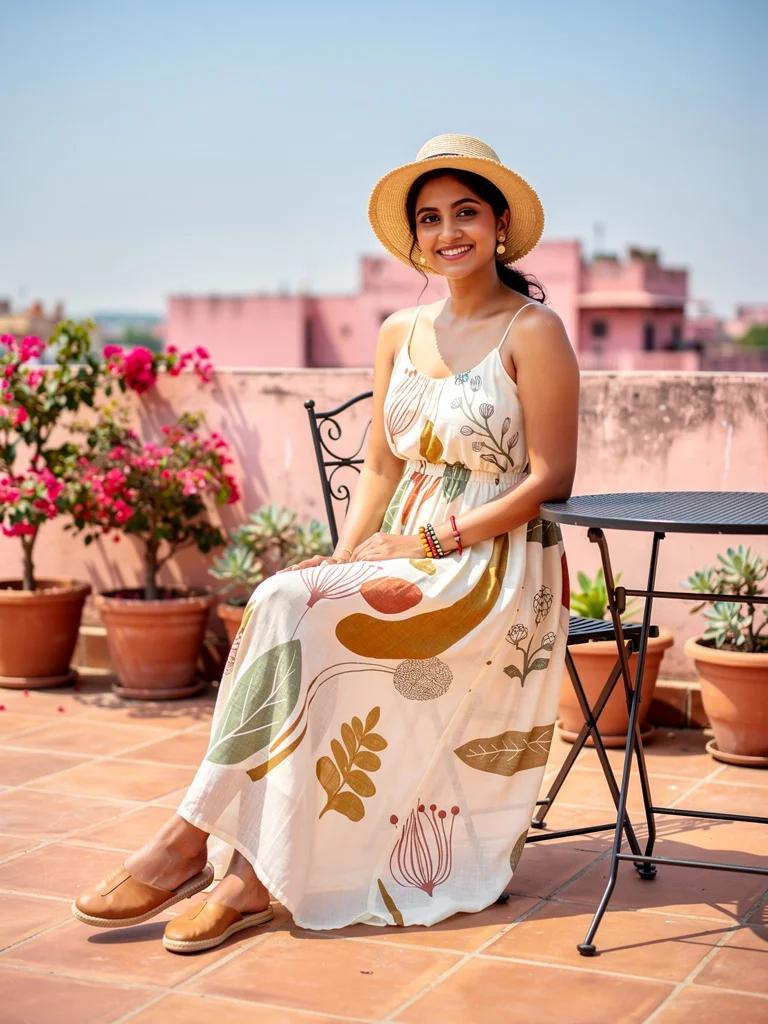 Rubaai — Digital Print Mulmul Maxi Dress in Muted Earth Tones | Kavya Collection by Varsha Sharma