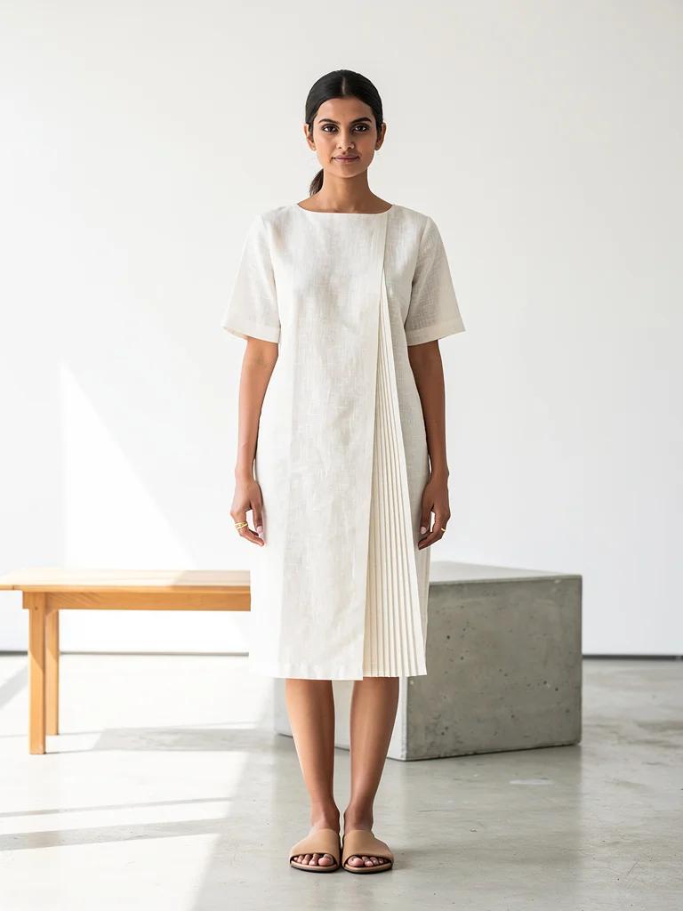 Haiku — Minimalist Handloom Linen Shift Dress in Off-White | Kavya Collection by Varsha Sharma
