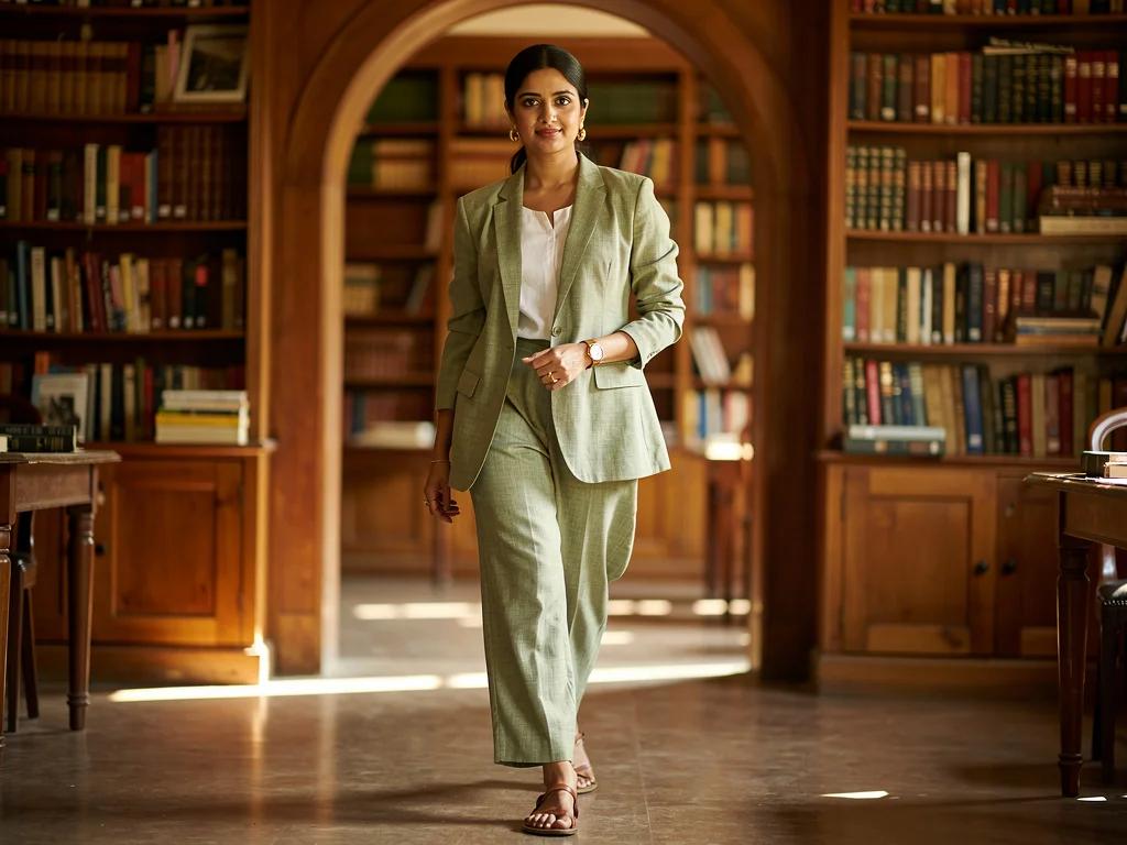 Sher — Handloom Cotton Blazer and Trouser Set in Sage | Kavya Collection by Varsha Sharma