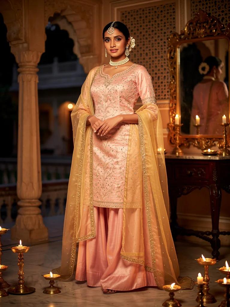 Roshan Raat — Reception Sharara Set in Blush Pink Silk Georgette with Resham Embroidery | Noor Collection by Varsha Sharma