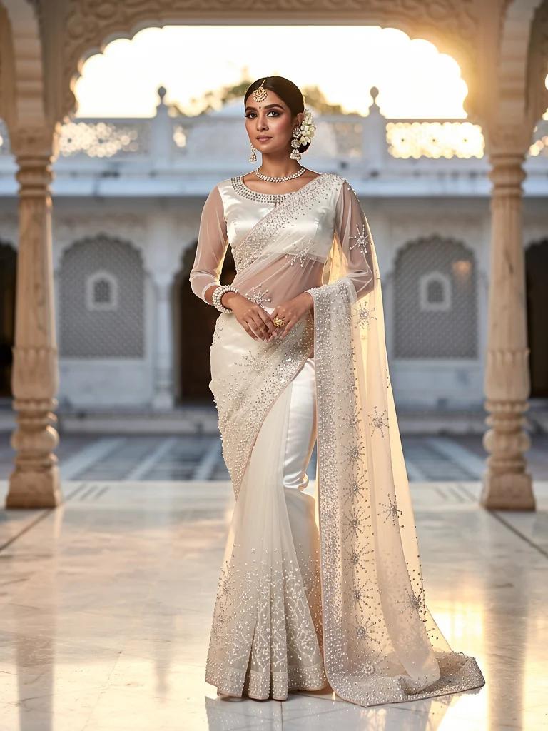 Chandni — Bridal Saree in Pearl White Silk Organza with Crystal Hand Embroidery | Noor Collection by Varsha Sharma
