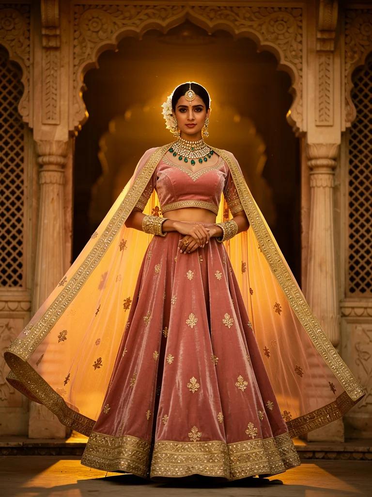 Jyoti — Bridal Cape Lehenga in Soft Rose Velvet with Dabka Zardozi Work | Noor Collection by Varsha Sharma