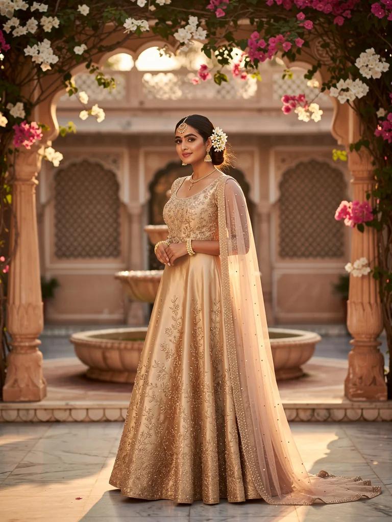 Prabhaat — Engagement Anarkali in Champagne Tissue Silk with Threadwork | Noor Collection by Varsha Sharma