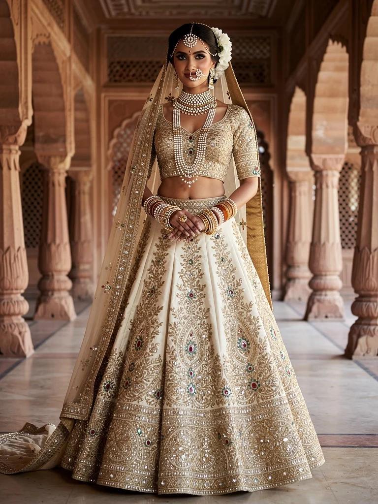 Noor-e-Jaan — Grand Bridal Lehenga in Ivory Raw Silk with Zardozi Kundan Embroidery | Noor Collection by Varsha Sharma