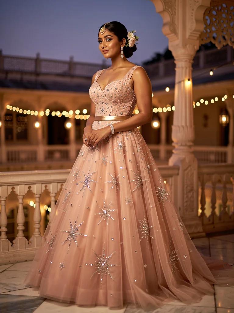Taara — Cocktail Gown in Blush Tulle with Crystal Star Embroidery | Noor Collection by Varsha Sharma