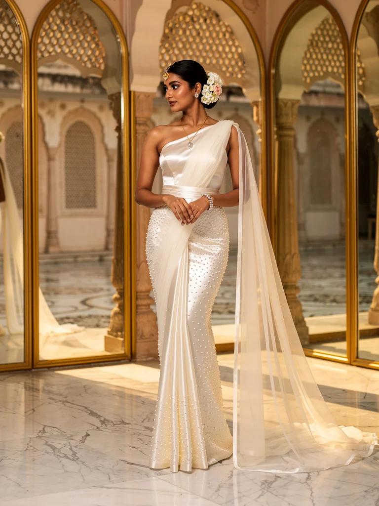 Roshni — Reception Saree Gown in Pearl White Satin Silk with Sequin Embroidery | Noor Collection by Varsha Sharma