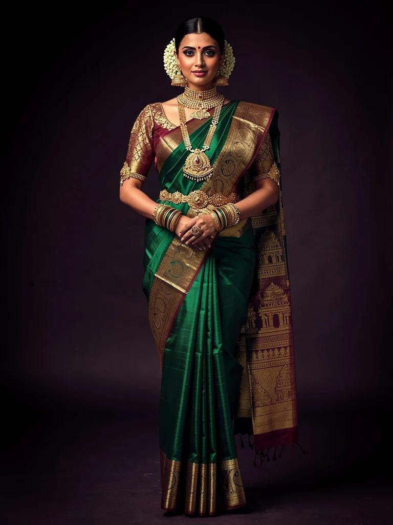 Kanjivaram Sundari — Kanjeevaram Silk Saree Gown in Emerald and Gold | Virasat Collection by Varsha Sharma