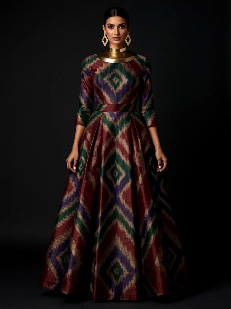 Pochampally Rang — Pochampally Ikat Silk Couture Gown in Burgundy and Emerald | Virasat Collection by Varsha Sharma